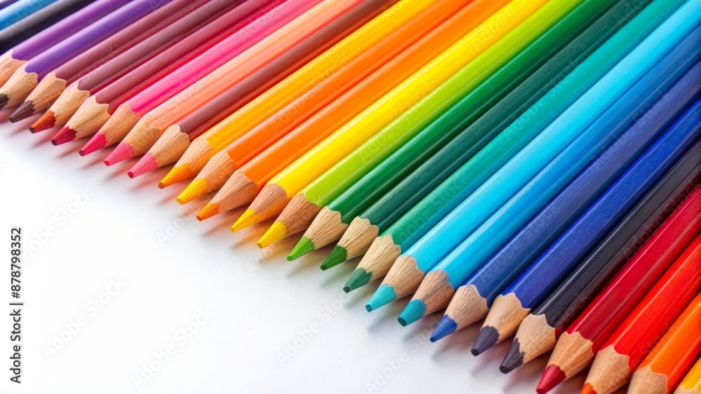 Multi-colored pencils lying in a gradient on white textured paper