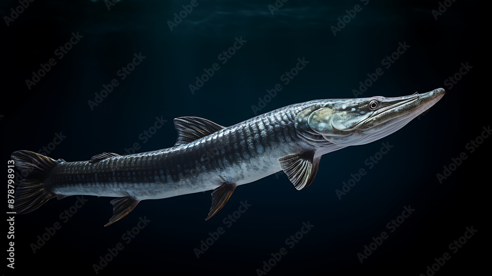 Obraz premium A large, predatory fish with blue, green, and black scales swims through dark, mysterious waters, evoking a sense of danger and the thrill of the hunt. 
