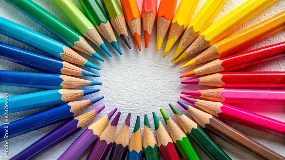 Multi-colored pencils lying in a gradient on white textured paper in the shape of a circle, oval Multi-colored pencils lying in a gradient on white textured paper in the shape of a circle, oval