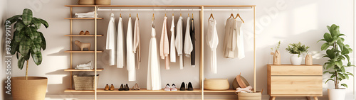 Minimalist wooden wardrobe with white clothes and green plants, showcasing a clean and organized lifestyle. 
