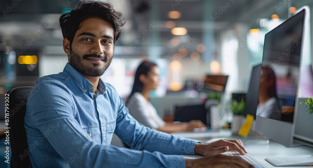 Portrait of a South Asian Financial Securities Trader Working on Desktop Computer in a Modern Office. Handsome Indian Accountant Bookkeeping Financial Affairs of a Business Venture Portrait of a South Asian Financial Securities Trader Working on Desktop Computer in a Modern Office. Handsome Indian Accountant Bookkeeping Financial Affairs of a Business Venture