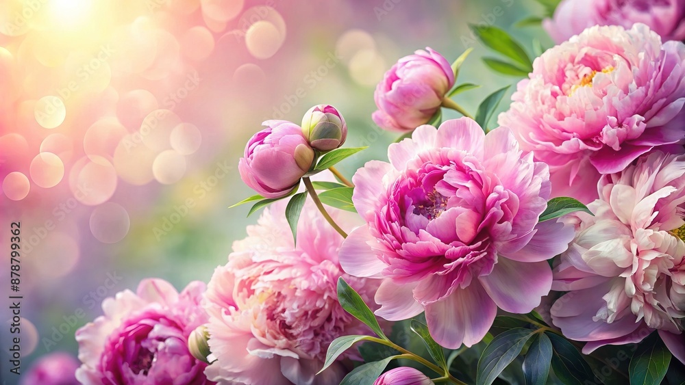 Fototapeta premium Tender peonies on pink background with copy space. Abstract natural floral frame layout with text space. Romantic feminine composition. Wedding invitation. International Women day, Mother Day concept