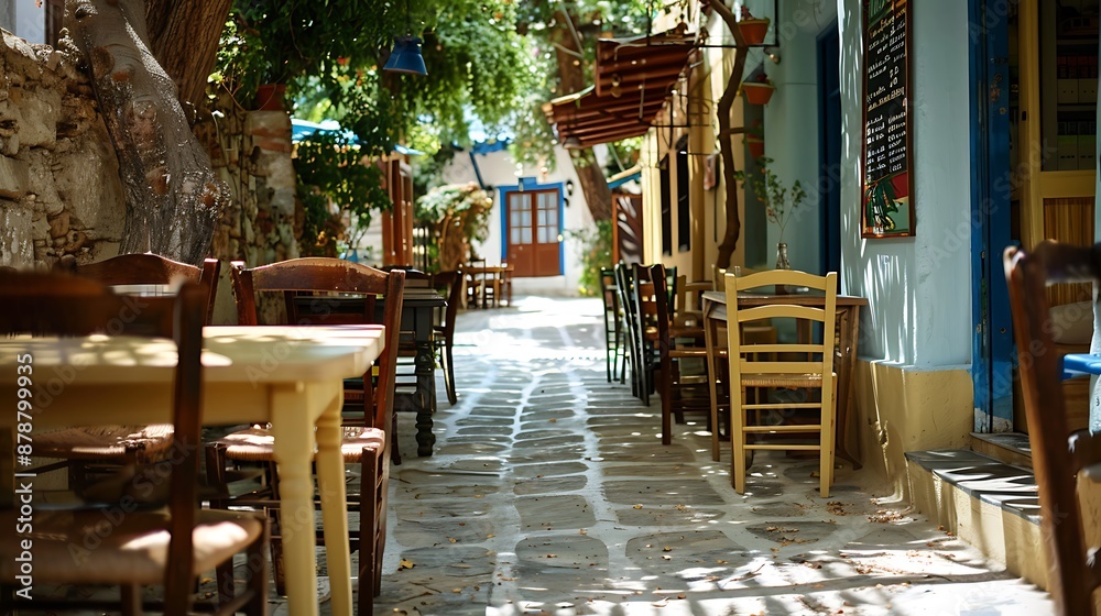 Fototapeta premium Tables and chairs at a classic plaka village eating the hotel very detailed and realistic shape