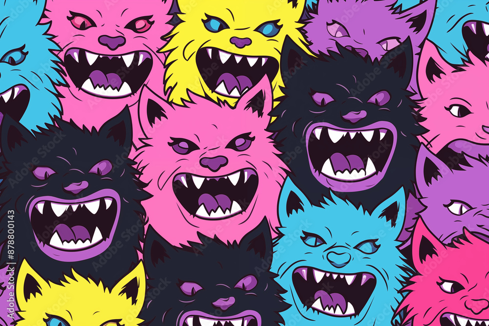 Colorful Angry Cat Faces Pattern on Black Background Colorful Angry Cat Faces Pattern on Black Background