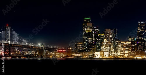 Nighttime Cityscape Skyline View of Downtown San Fransisco, California, West Coast Architecture Destination Spot, Travel Tourism Professional Photography Golden Gate Bridge City Lights and Skyscrapers