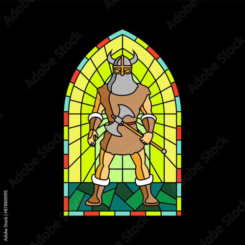 Viking warrior colorful stained glass window. Colored gothic mosaic decoration for interior. Vector illustration.