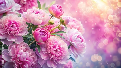 Tender peonies on pink background with copy space. Abstract natural floral frame layout with text space. Romantic feminine composition. Wedding invitation. International Women day, Mother Day concept