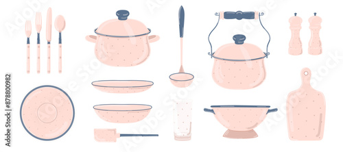 Set of enamel kitchen utensils in retro style. Set of cutlery, serving plate, saucepans with lids, spatula, cauldron, ladle, salt and pepper shaker and cutting board.