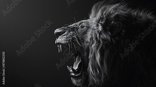 A dramatic black and white image of a roaring lion, conveying power, strength, and wildness. 
