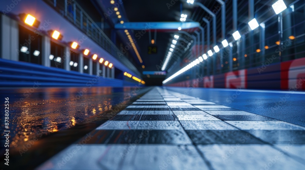 Wet checkered finish line underneath indoor race track lights