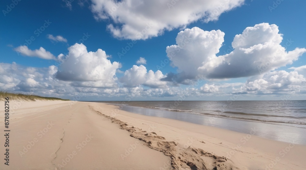 calm beach with soft sand, peaceful ocean, and clear blue sky. an engaging illustration depicting a calm beach with soft sand in the foreground calm beach with soft sand, peaceful ocean, and clear blue sky. an engaging illustration depicting a calm beach with soft sand in the foreground