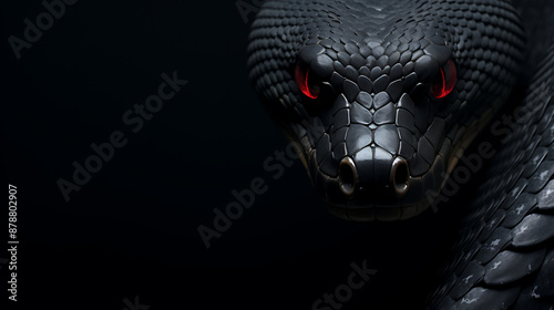 Black snake with red eyes, dark background, danger, mystery, fear,  wildlife photography. 
