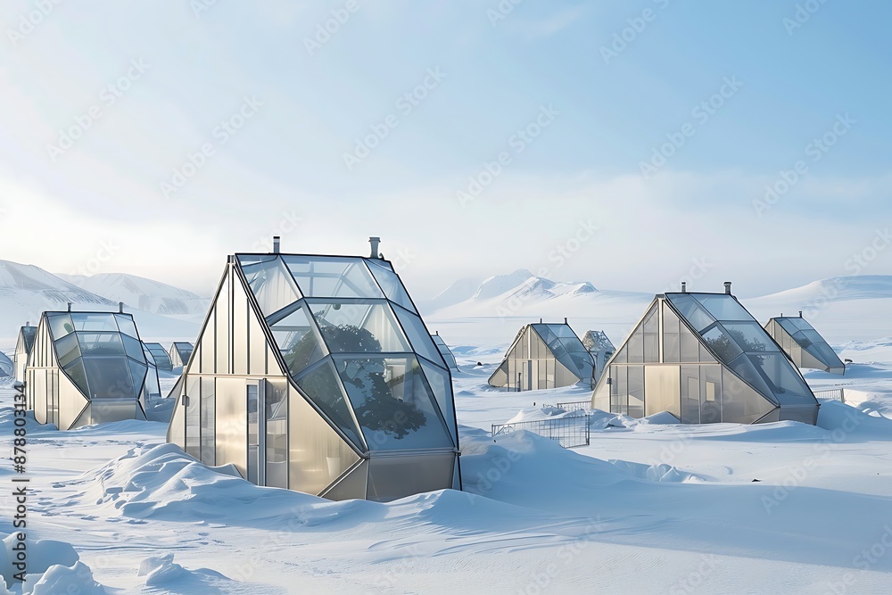A series of geometrically shaped greenhouses in a snowy tundra A series of geometrically shaped greenhouses in a snowy tundra