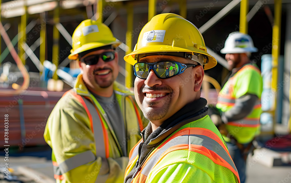custom made wallpaper toronto digitalSmiling construction workers in yellow, orange, and blue safety gear, showcasing teamwork and a positive work environment.