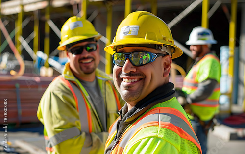 Wallpaper Mural Smiling construction workers in yellow, orange, and blue safety gear, showcasing teamwork and a positive work environment. 
 Torontodigital.ca