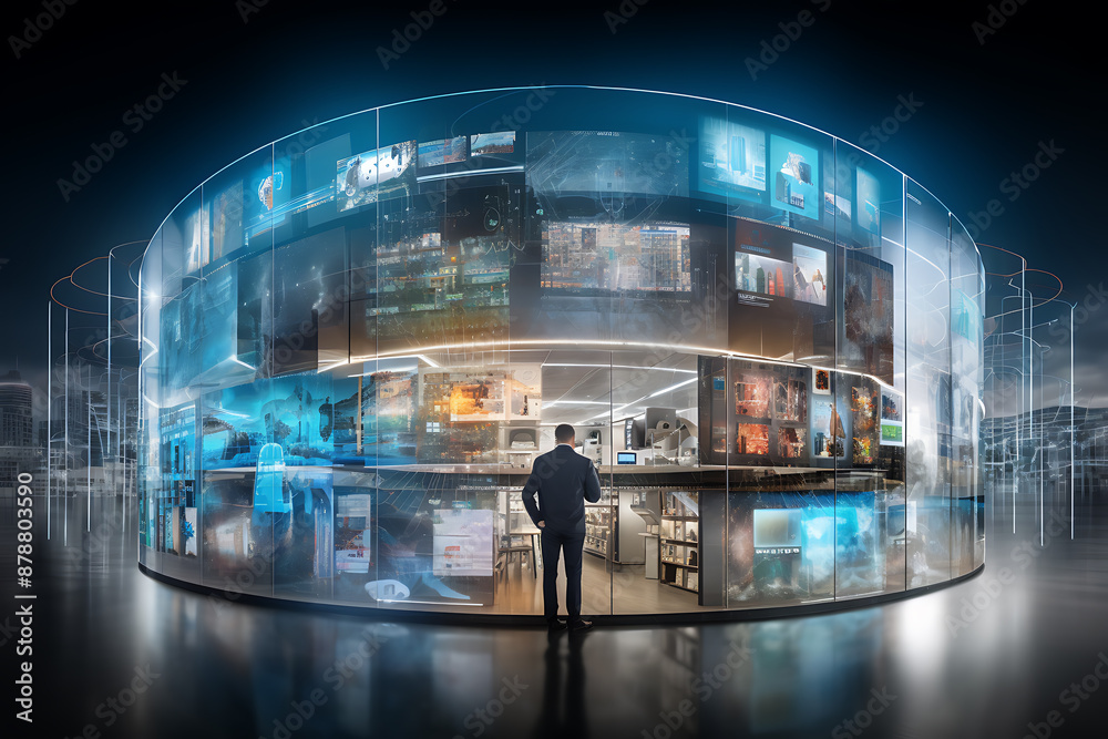 Fototapeta premium A futuristic businessman stands in front of a large, curved screen displaying data and information, showcasing the power of technology and innovation. 