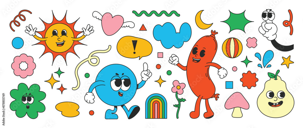 Fototapeta premium Set of 70s groovy element vector. Collection of cartoon characters, doodle smile face, heart, sun, ball, sausage, pear, ginkgo, speech bubble. Cute retro groovy hippie design for decorative, sticker.