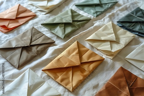A series of origami-inspired envelopes, each with a complex folding mechanism that secures without adhesive