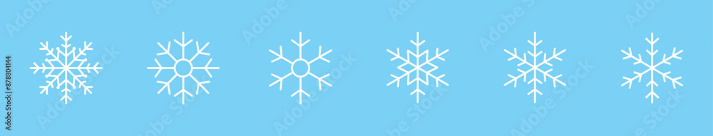 Snowflake icon set. Snowflake white ice crystal ornament on a blue background. Winter symbol. Christmas logo sign. Vector illustration. Editable stroke. Snowflake icon set. Snowflake white ice crystal ornament on a blue background. Winter symbol. Christmas logo sign. Vector illustration. Editable stroke.