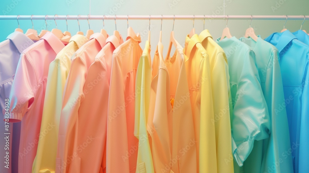 Pastel colored shirts hanging on a white rack Pastel colored shirts hanging on a white rack