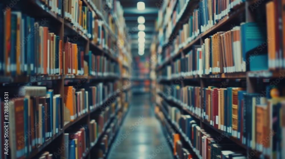 A long row of bookshelves in a university library A long row of bookshelves in a university library