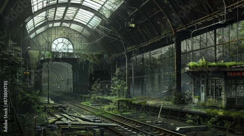 Overgrown train station platform in an abandoned city
