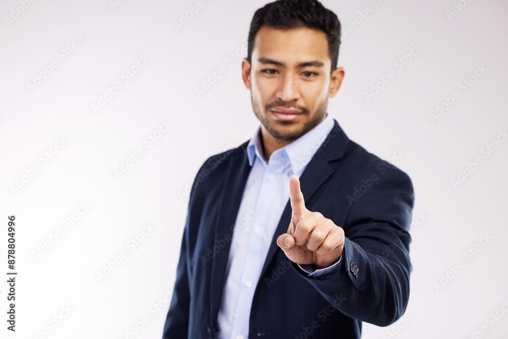 Businessman, hand and click for touchscreen technology, online database or dashboard in studio. Employee, press and invisible display for vr, futuristic biometrics and metaverse by white background Businessman, hand and click for touchscreen technology, online database or dashboard in studio. Employee, press and invisible display for vr, futuristic biometrics and metaverse by white background