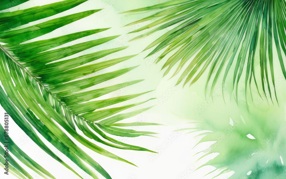 Fototapeta premium Green tropical palm leaves on white background. Watercolor illustration of plants. Green jungle leaf painting for banner, poster, greeting card. Minimal floral backdrop