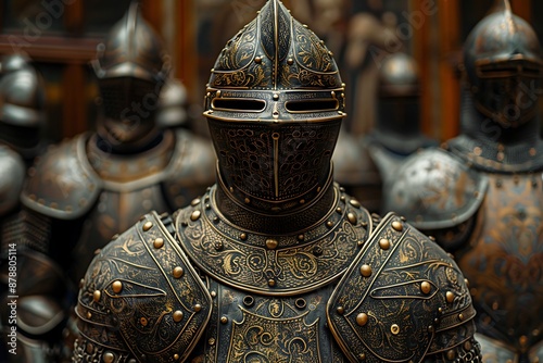 A set of armor for a knight, each piece intricately detailed with metallic buttons