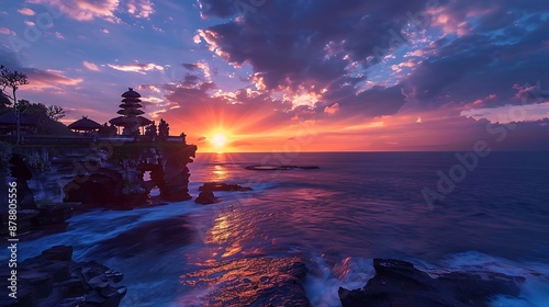 The most popular visitor site and sight is tanah lot temple at orange sunset