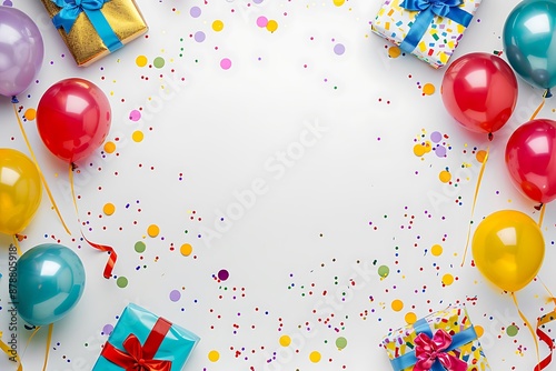 Colorful balloons and gifts arranged on a white background with confetti, birthday party banner template with space for text, in a bold and dynamic style.