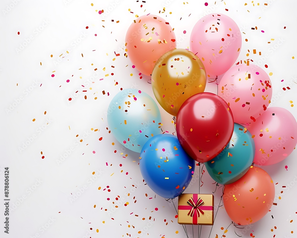 Colorful balloons and gifts on a white background with confetti, space for text, birthday party banner template in a classic and timeless style. Colorful balloons and gifts on a white background with confetti, space for text, birthday party banner template in a classic and timeless style.