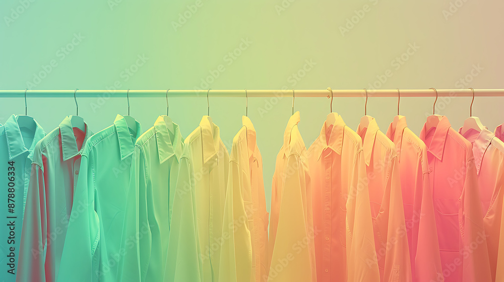 a row of colorful shirts hanging on hangers, organized by color. The gradient effect transitions from green to yellow to pink a row of colorful shirts hanging on hangers, organized by color. The gradient effect transitions from green to yellow to pink