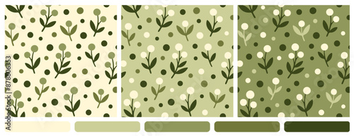 Vector seamless patterns with stylized olives, leaves and dots. Minimalist style. Green shades of elements on light and dark olive backgrounds. The simple design for modern nature-inspired concepts