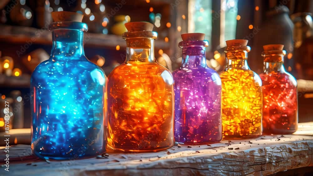 Magic potion in a bottle with lightning. Witchcraft concept Magic potion in a bottle with lightning. Witchcraft concept
