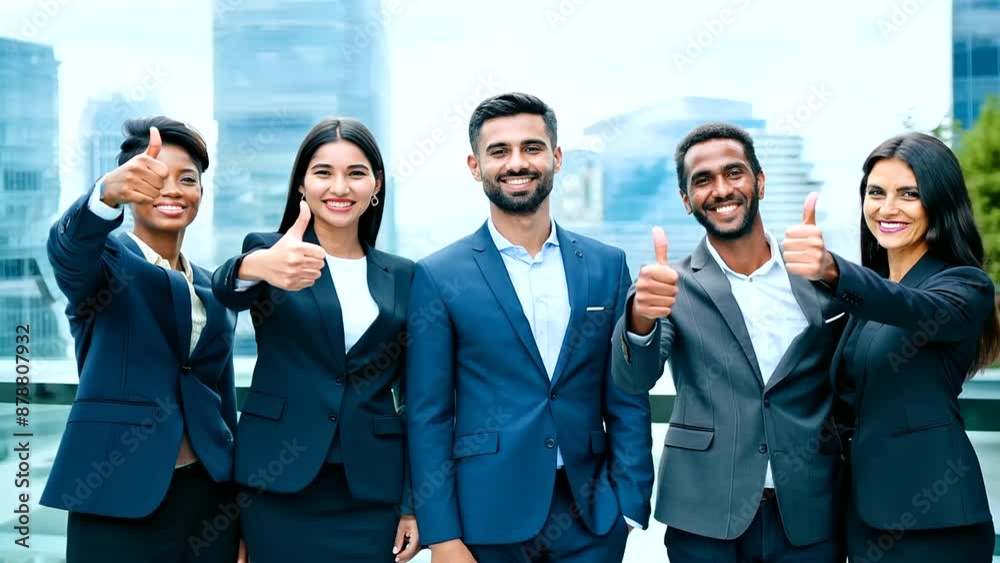 Team of professionals giving a thumbs-up gesture in celebration of success. Team of professionals giving a thumbs-up gesture in celebration of success.
