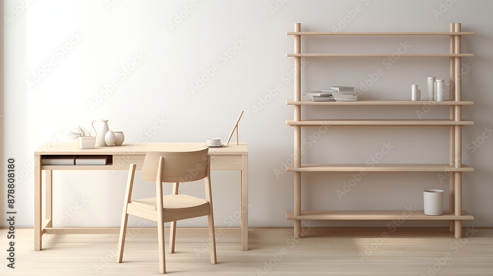 Minimalist wooden desk, chair, and bookshelf in white and beige, showcasing a simple and serene workspace, perfect for a home office or study.
Minimalist wooden desk, chair, and bookshelf in white and beige, showcasing a simple and serene workspace, perfect for a home office or study.