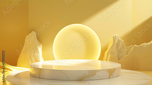 Minimalist yellow, white, and gold marble podium with a glowing circle, perfect for showcasing products and creating a luxurious and modern aesthetic. 
