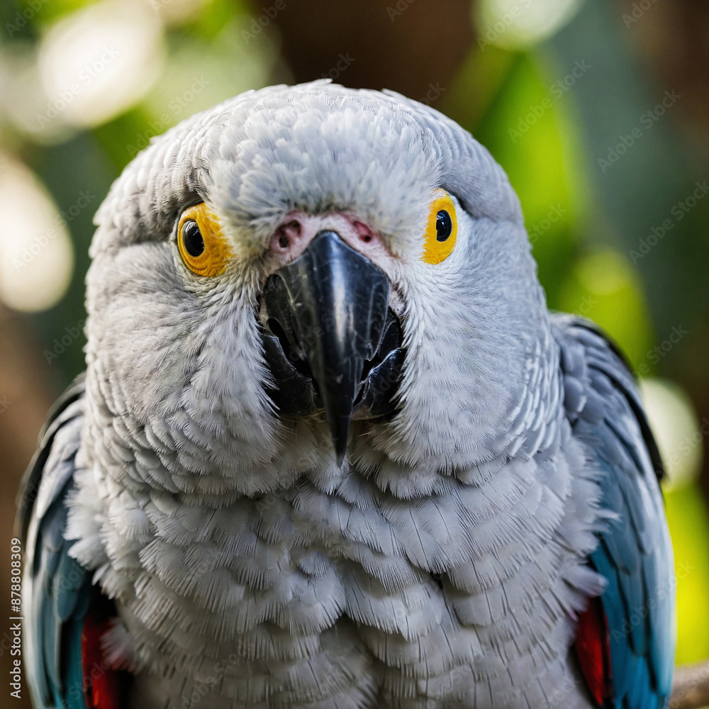 Fototapeta premium Grey parrot with bright yellow eyes in the jungle