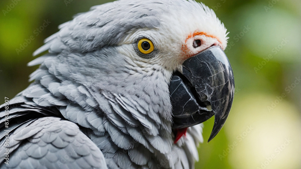 Obraz premium Grey parrot with vivid yellow eyes and grey feathers in the forest