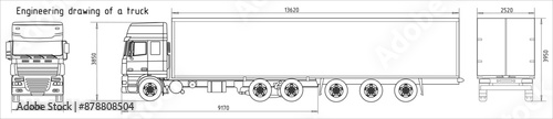 Vector engineering drawing of truck with trailer 
with dimensional lines
and numerical values of vehicle dimensions.
Cad scheme. Mechanical background. Design documentation.