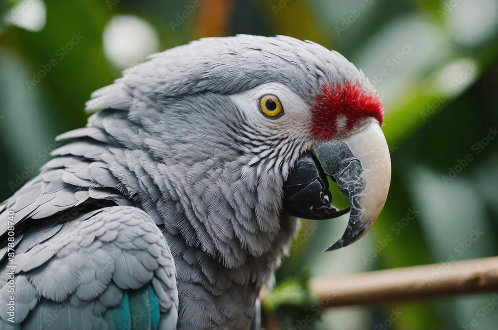 Fototapeta premium Grey parrot with red and grey feathers in the forest