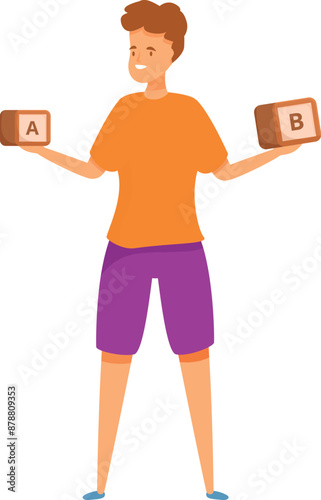 Young man deciding between two options, represented by wooden cubes with letters a and b