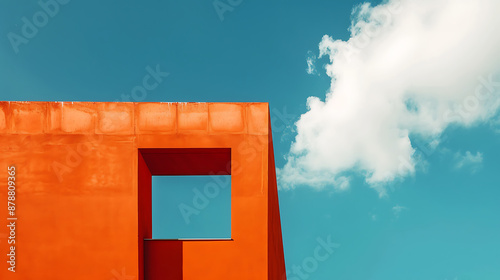 Minimalist orange wall with a window, blue sky and white cloud,  modern architecture,  abstract design,  concept of freedom and simplicity. 

