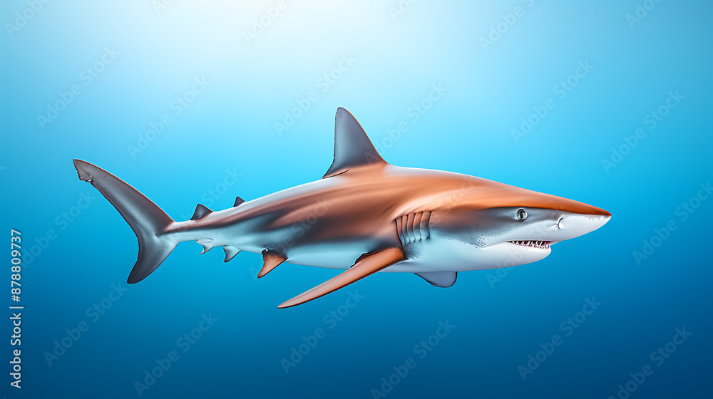 Fototapeta premium A sleek shark with blue, white, and orange tones swims through a vibrant blue ocean, evoking a sense of wonder and the thrill of underwater exploration. 