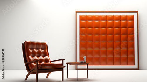 Modern  living room interior design with orange leather armchair,  table and  wall panel. 
