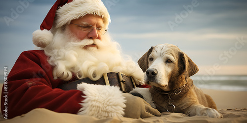 Santa Claus and a dog on the beach, red, white, and brown, whimsical, Christmas,  holiday cheer. 
