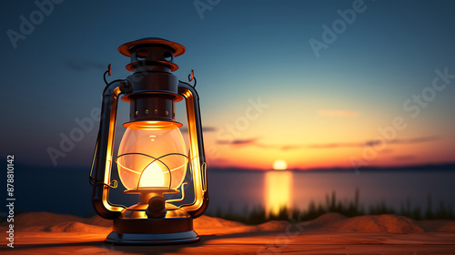 A glowing lantern on a wooden surface with a sunset and water background,  evoking warmth, hope, and a sense of adventure. 
