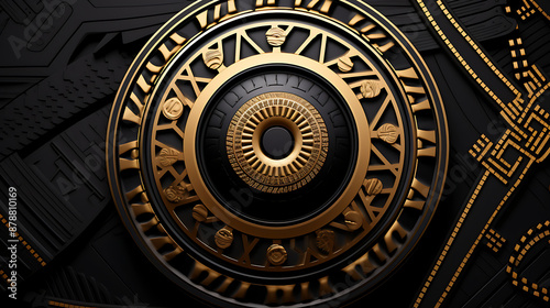 A black and gold clock face with Roman numerals, a futuristic concept of time and luxury. 