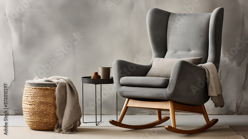 A  rocking chair, a  wicker basket, and a  side table in grey, beige, and brown tones create a cozy and inviting atmosphere for relaxation.  

